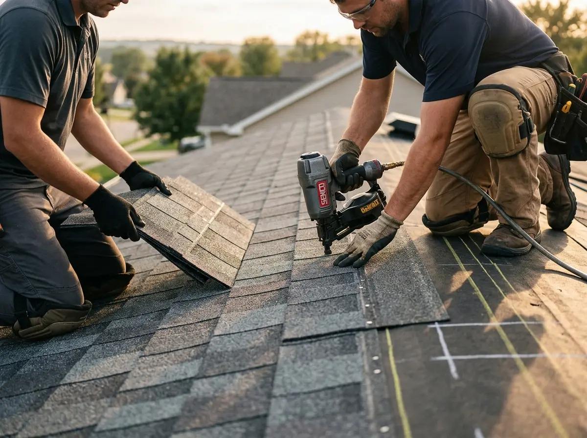 Professional roofer working on a residential roof in Fort Bliss